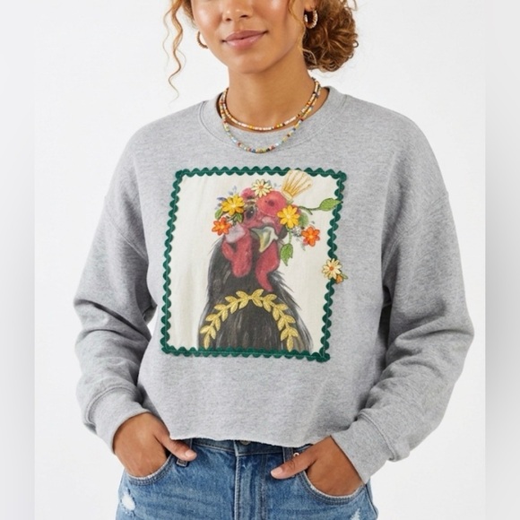 Tops - Handcrafted Upcycled Gray Cropped Novelty Appliqué Sweatshirt Rooster Graphic L
